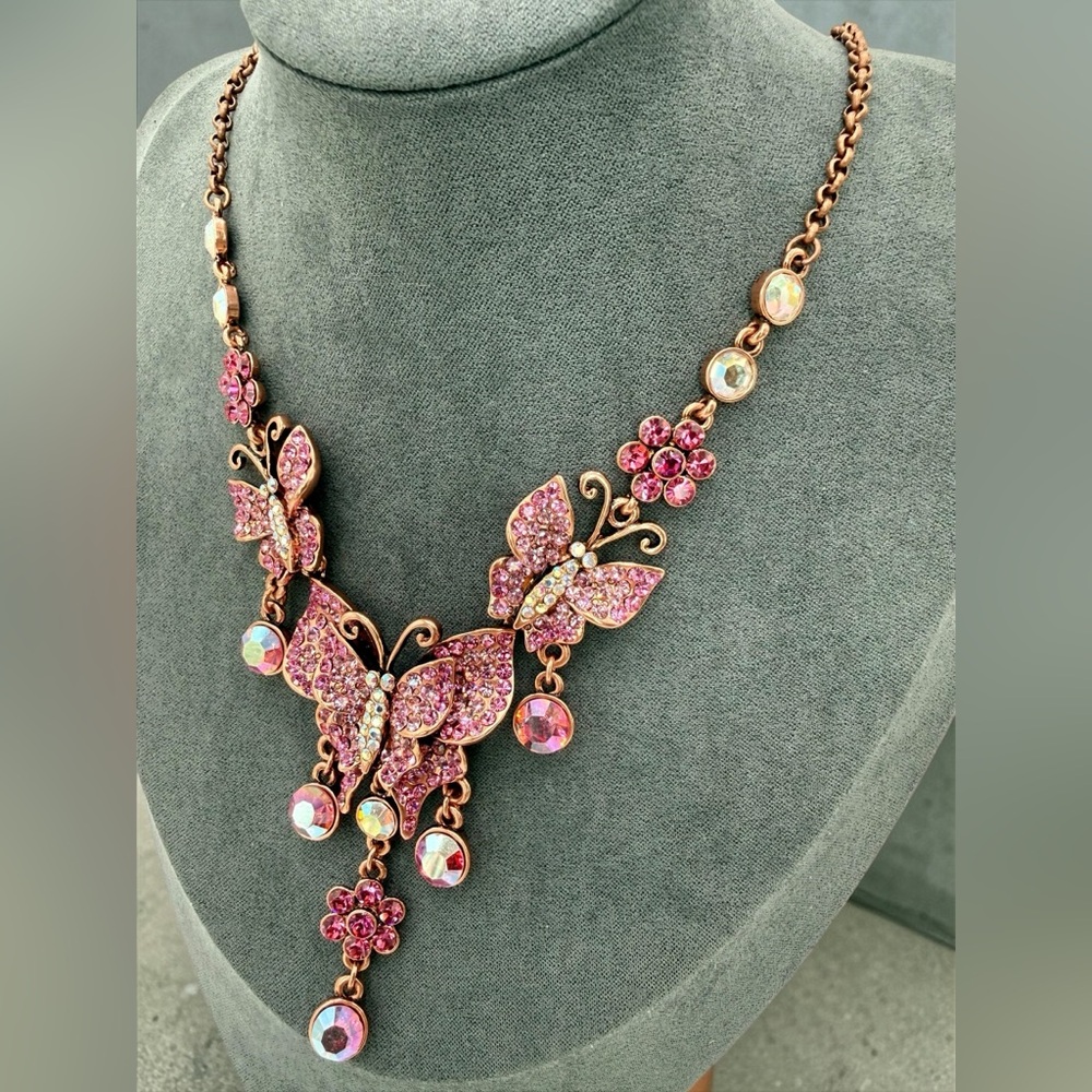 Kirks Folly Pink Butterfly Rhinestone Necklace AB Drop Signed 16”-19” whimsical - Picture 5 of 17